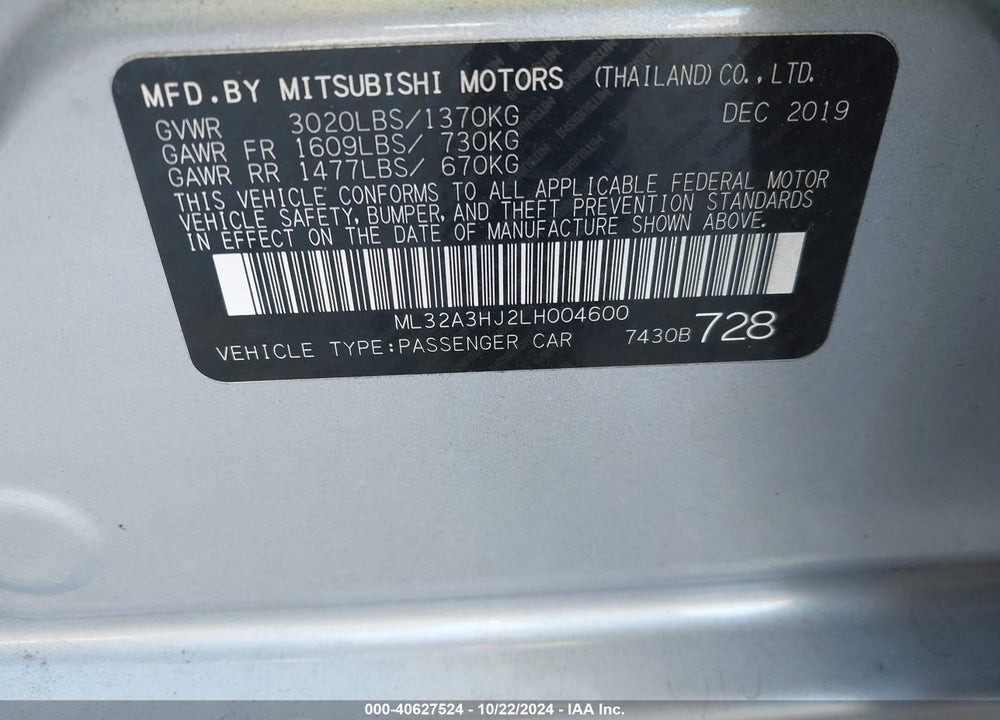 2020 MITSUBISHI MIRAGE SE VIN: ML32A3HJ2LH004600