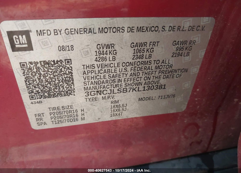 2019 CHEVROLET TRAX LT VIN: 3GNCJLSB7KL130381