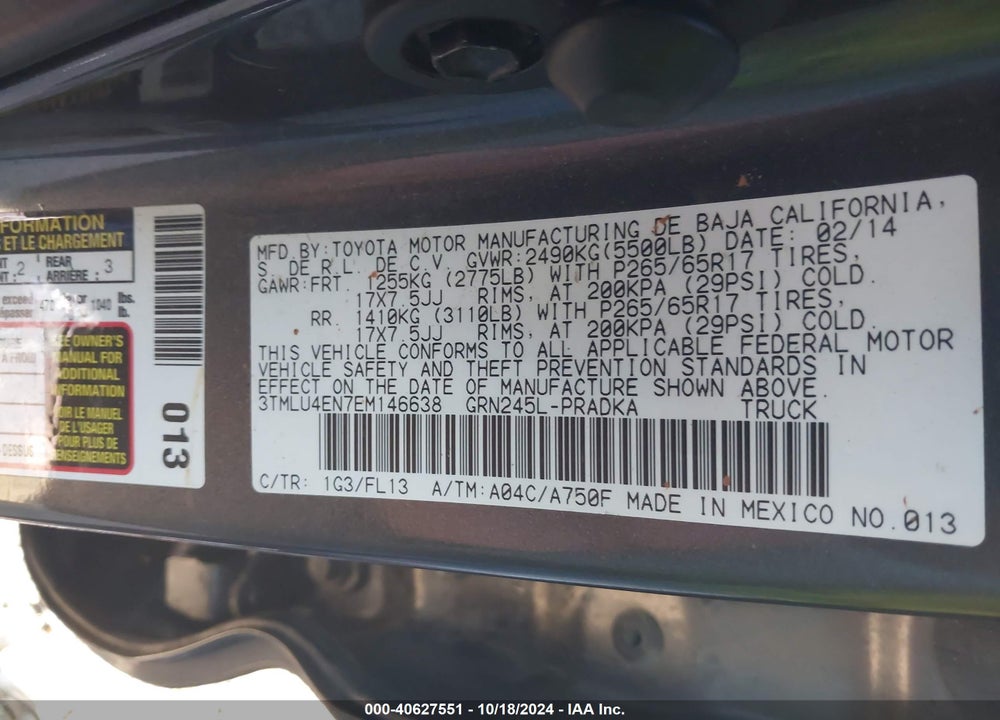 2014 TOYOTA TACOMA DOUBLE CAB VIN: 3TMLU4EN7EM146638