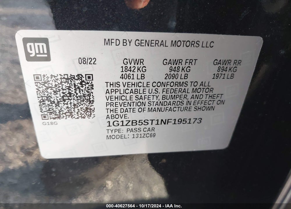 2022 CHEVROLET MALIBU FWD LS VIN: 1G1ZB5ST1NF195173