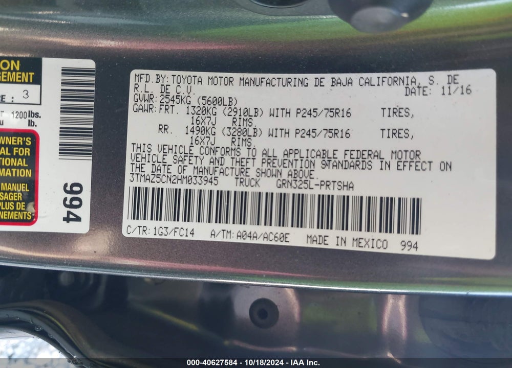 2017 TOYOTA TACOMA SR5 V6 VIN: 3TMAZ5CN2HM033945