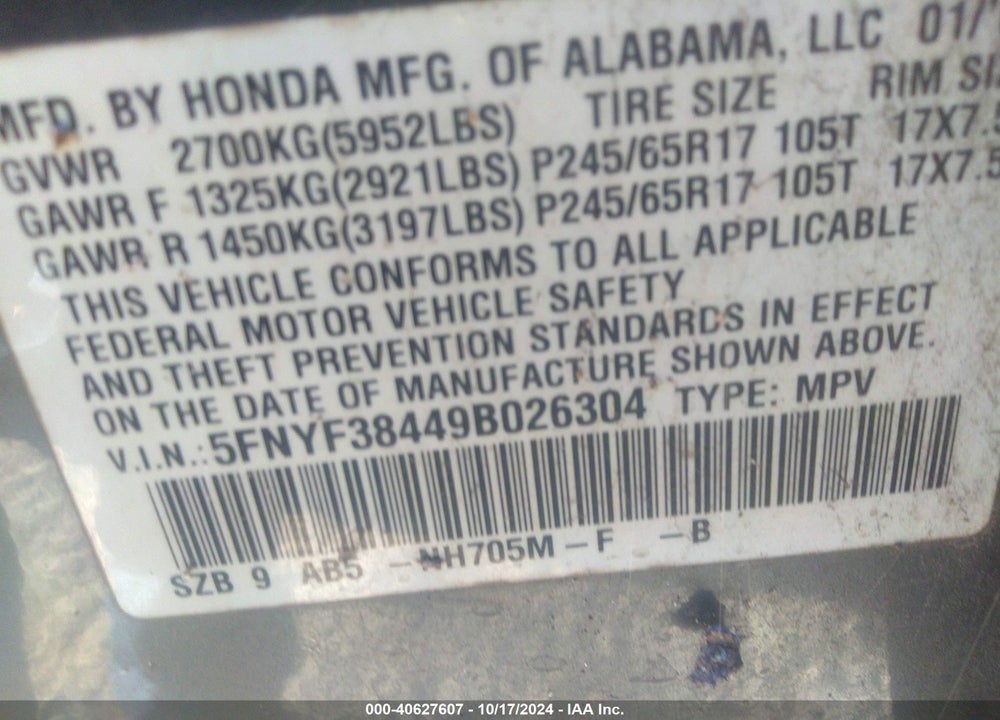 2009 HONDA PILOT EX VIN: 5FNYF38449B026304