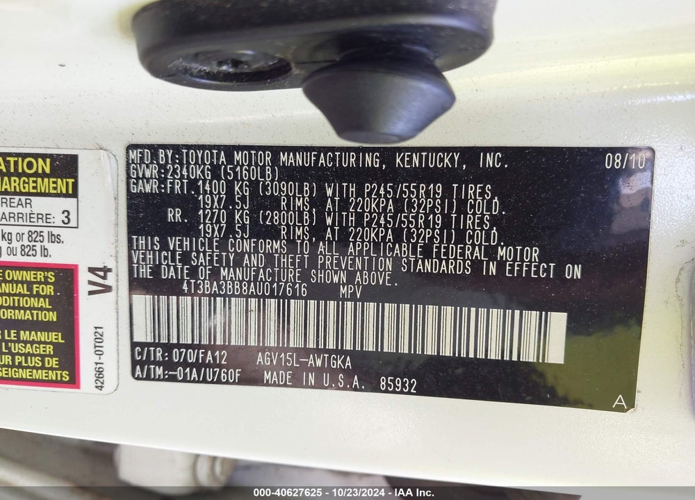 2010 TOYOTA VENZA VIN: 4T3BA3BB8AU017616