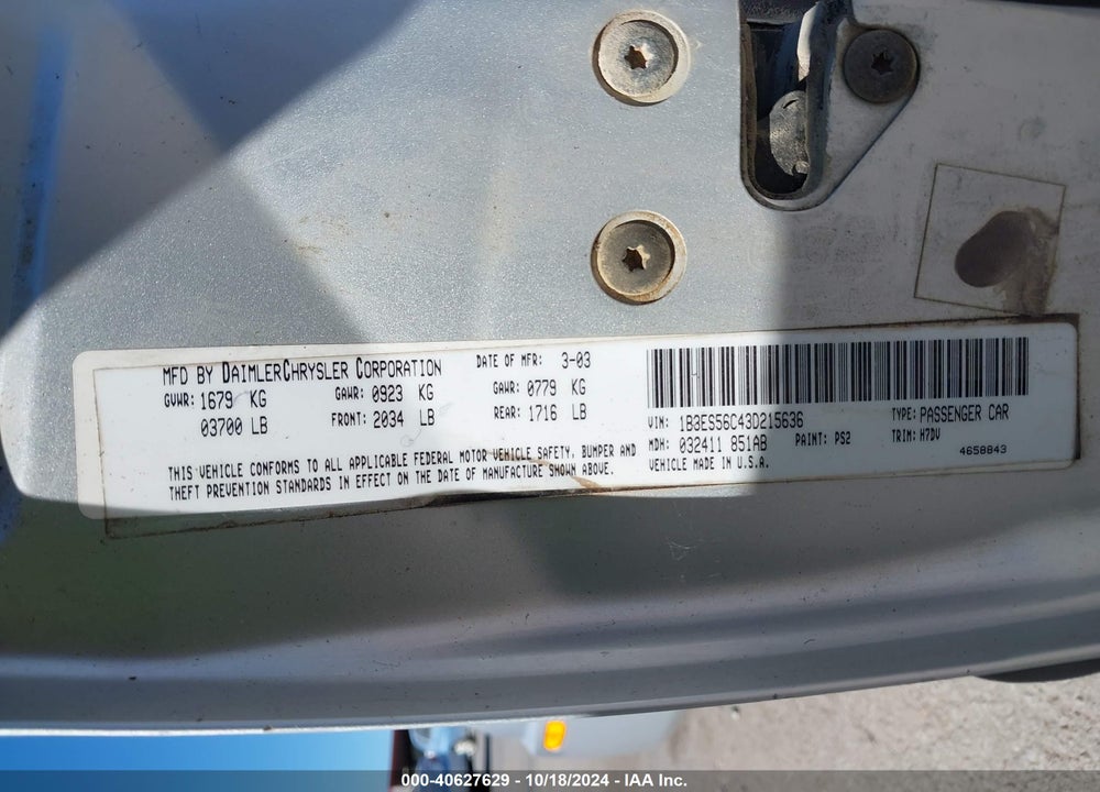 2003 DODGE NEON VIN: 1B3ES56C43D215636
