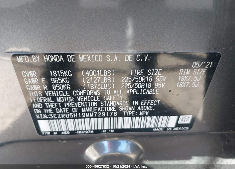 2021 HONDA HR-V 2WD SPORT VIN: 3CZRU5H19MM729178