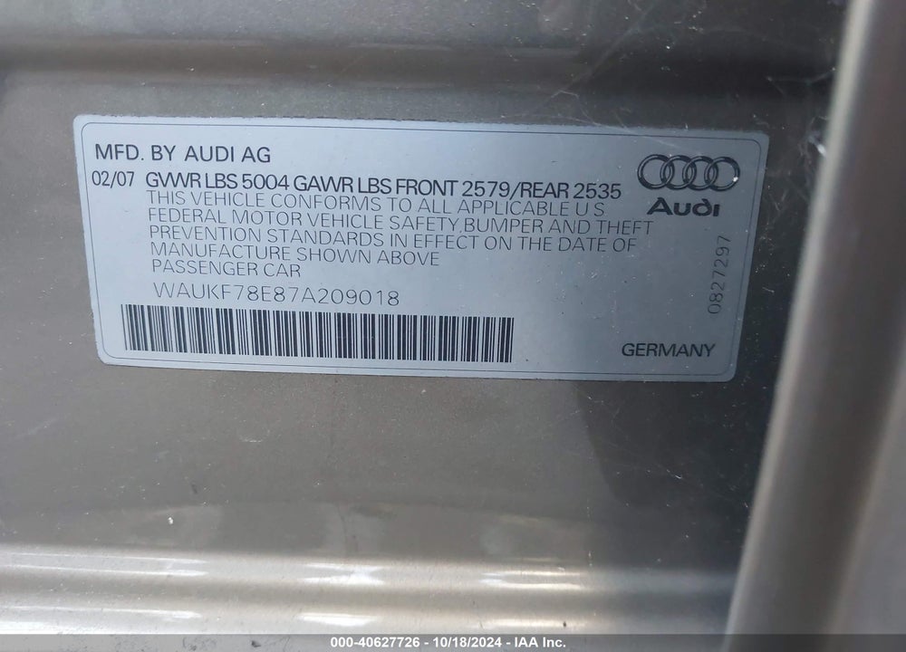 2007 AUDI A4 2.0T AVANT VIN: WAUKF78E87A209018