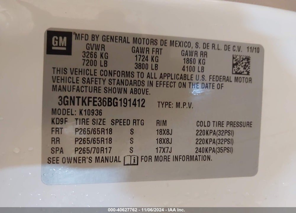 2011 CHEVROLET AVALANCHE 1500 LT1 VIN: 3GNTKFE36BG191412