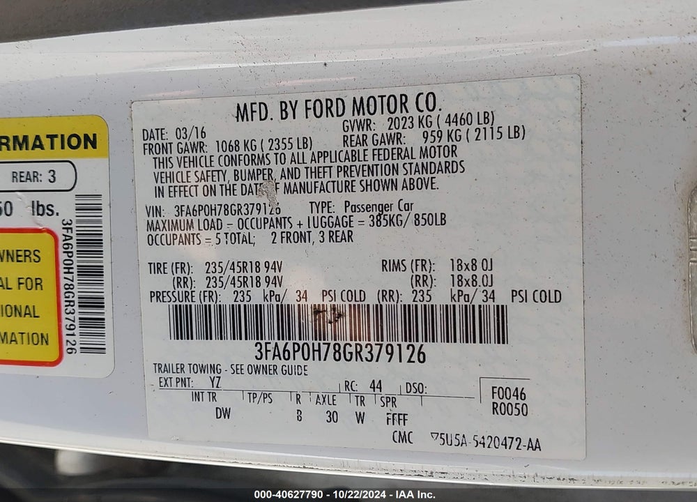 2016 FORD FUSION SE VIN: 3FA6P0H78GR379126