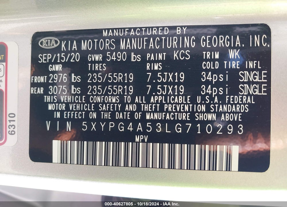 2020 KIA SORENTO 3.3L S VIN: 5XYPG4A53LG710293