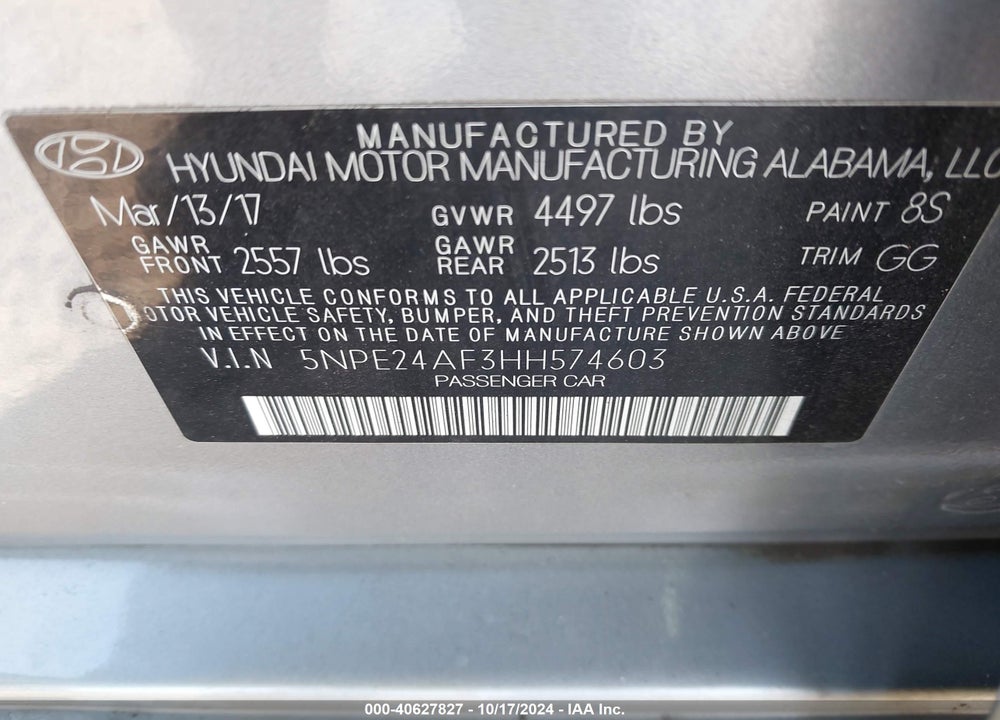2017 HYUNDAI SONATA VIN: 5NPE24AF3HH574603