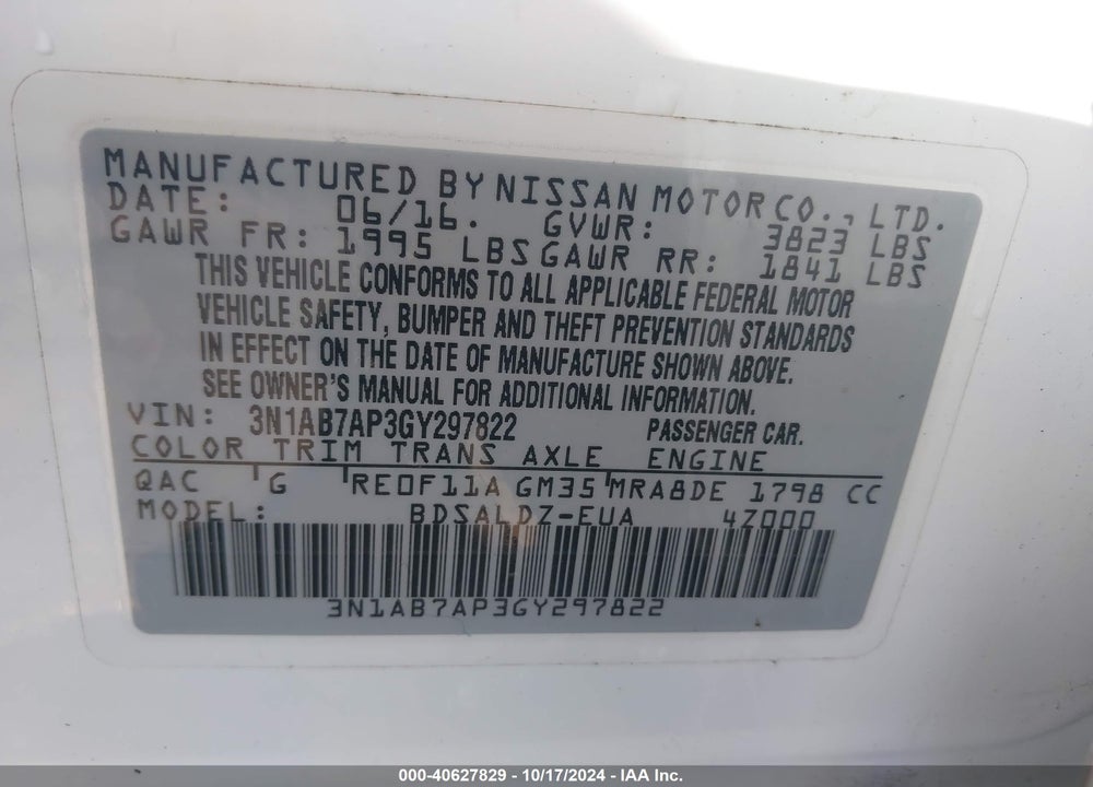 2016 NISSAN SENTRA SV VIN: 3N1AB7AP3GY297822