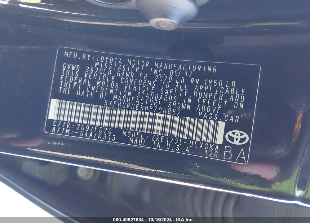 2017 TOYOTA COROLLA SE VIN: 5YFBURHE9HP700862