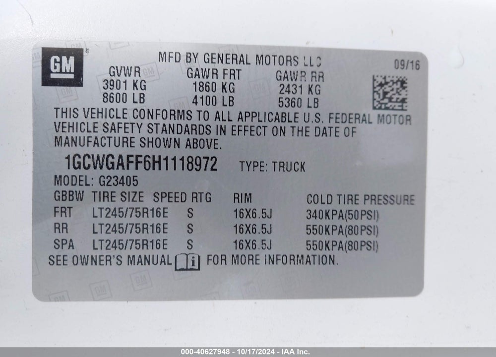 2017 CHEVROLET EXPRESS 2500 WORK VAN VIN: 1GCWGAFF6H1118972