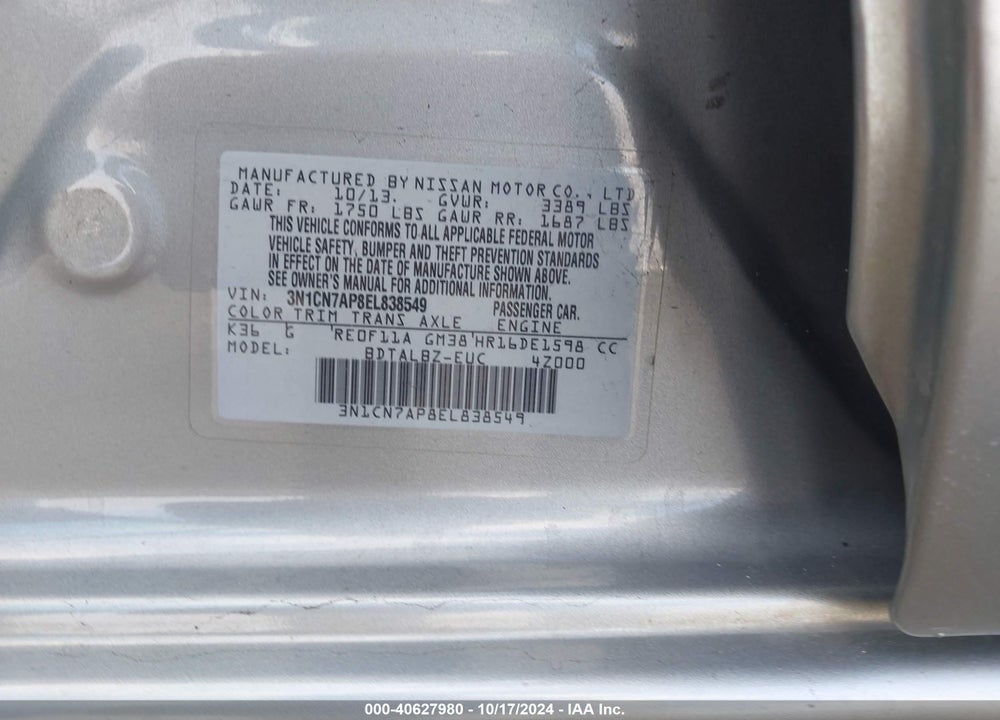 2014 NISSAN VERSA 1.6 SV VIN: 3N1CN7AP8EL838549