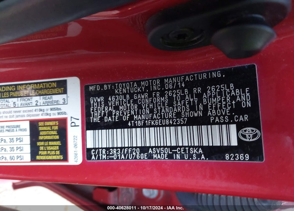 2014 TOYOTA CAMRY SE VIN: 4T1BF1FK6EU842357