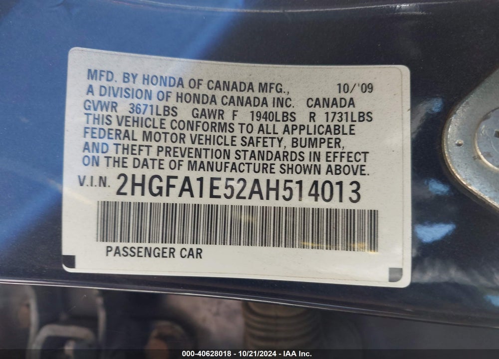 2010 HONDA CIVIC LX VIN: 2HGFA1E52AH514013