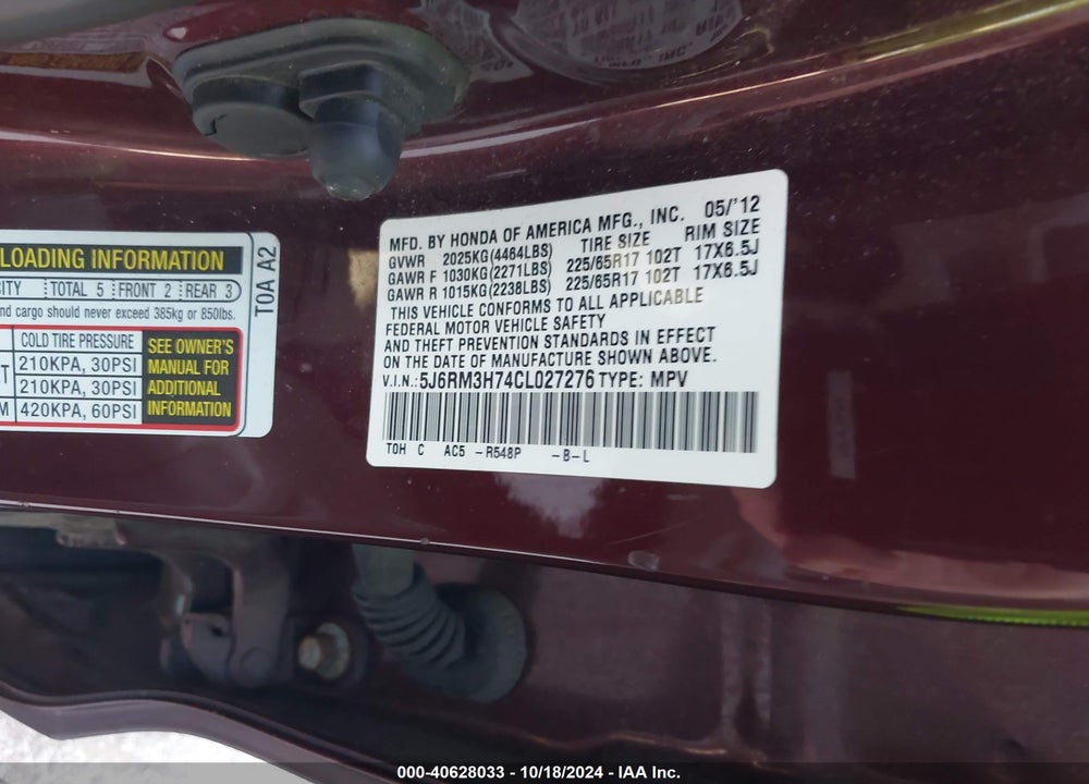 2012 HONDA CR-V EX-L VIN: 5J6RM3H74CL027276