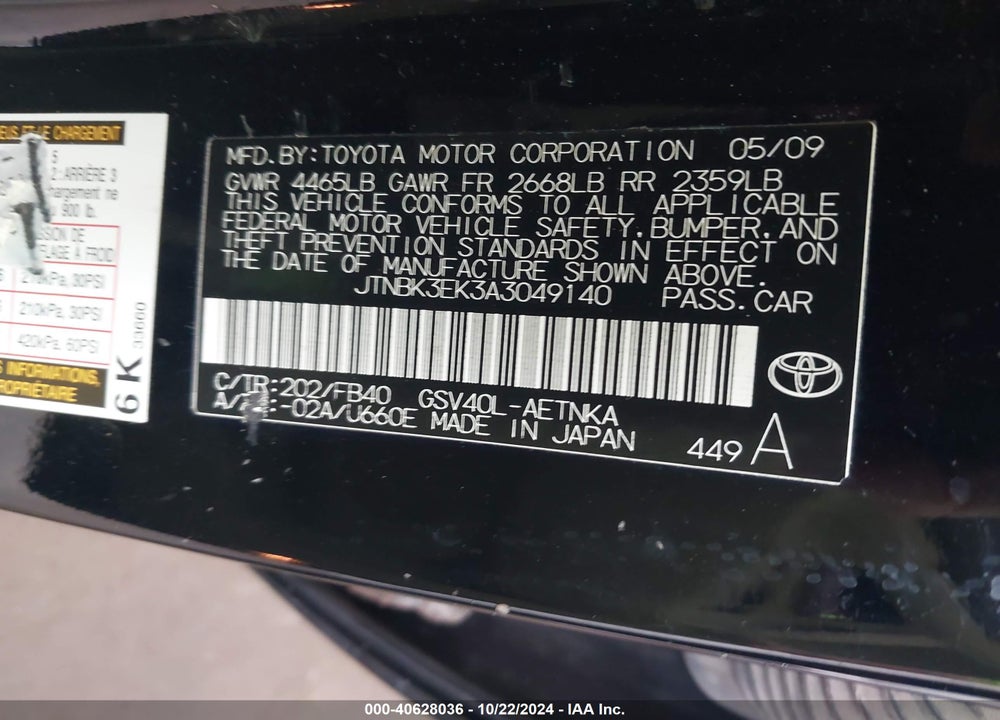 2010 TOYOTA CAMRY LE V6 VIN: JTNBK3EK3A3049140