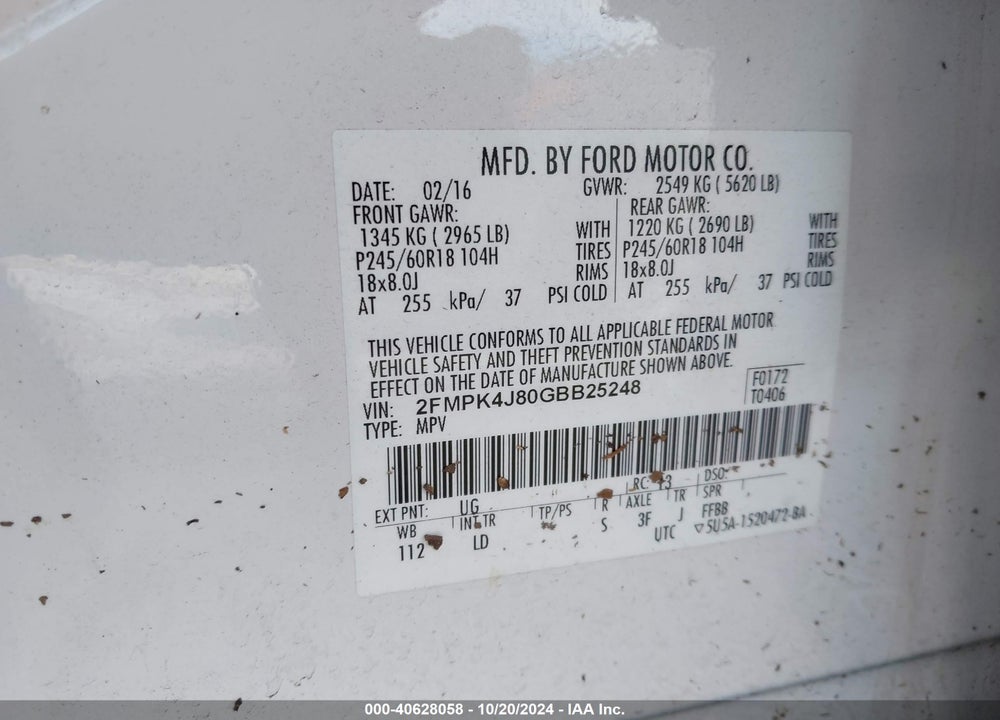 2016 FORD EDGE VIN: 2FMPK4J80GBB25248