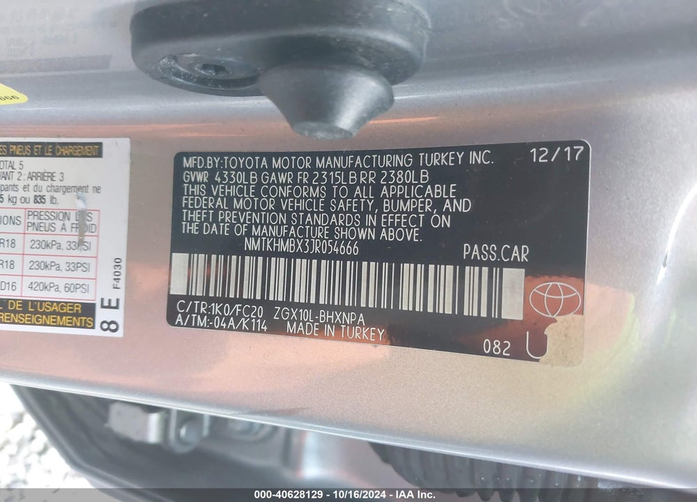 2018 TOYOTA C-HR XLE PREMIUM VIN: NMTKHMBX3JR054666