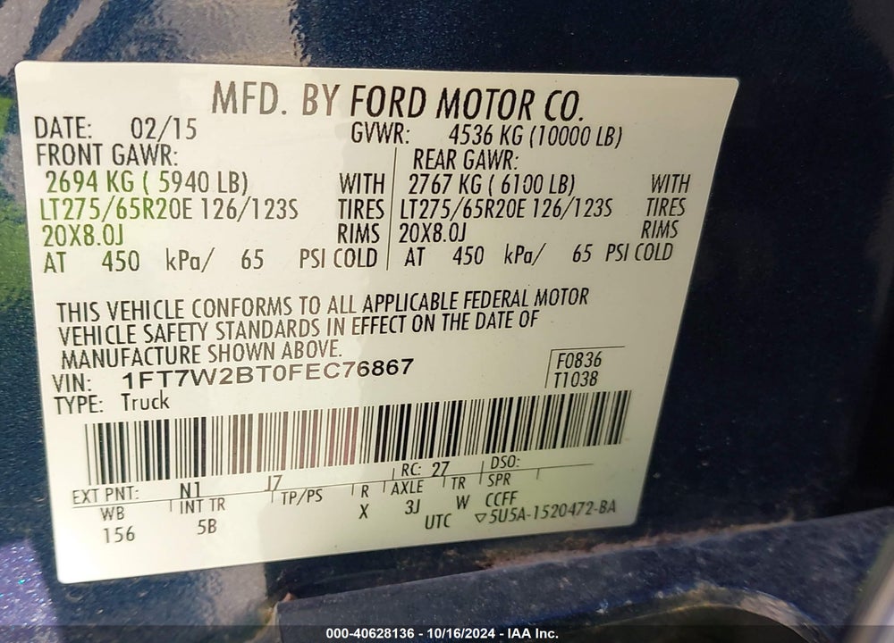 2015 FORD F-250 LARIAT VIN: 1FT7W2BT0FEC76867