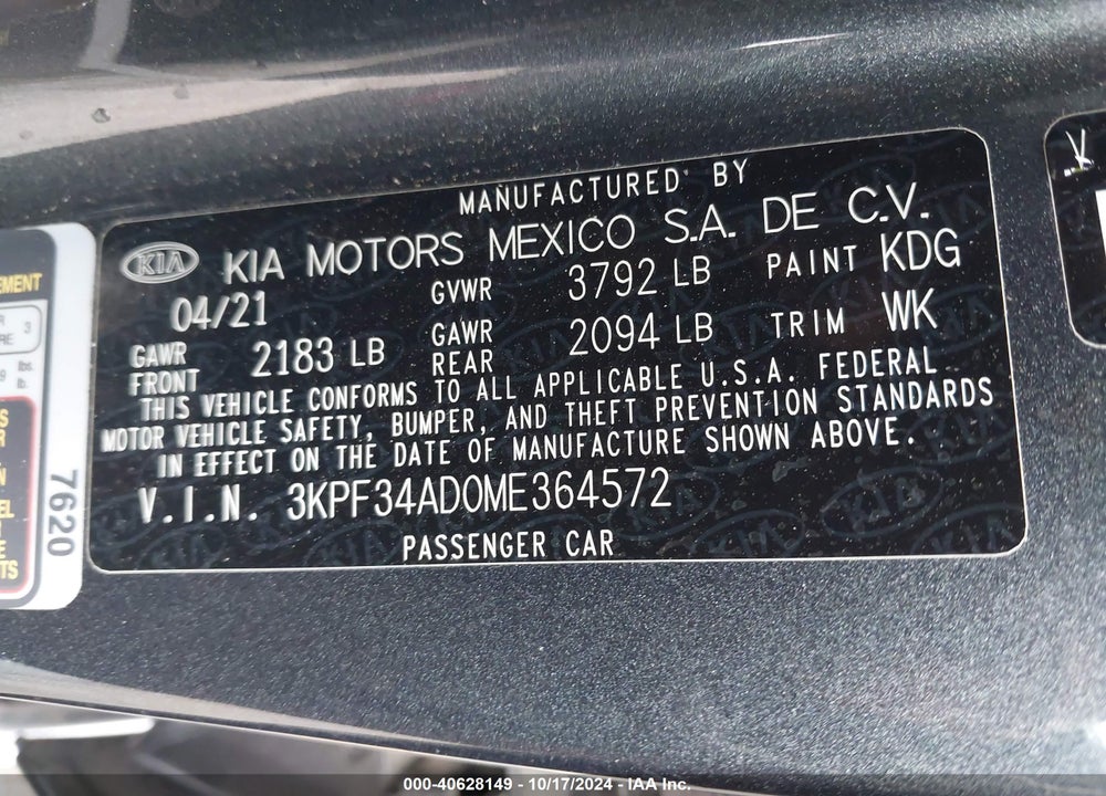 2021 KIA FORTE GT LINE VIN: 3KPF34AD0ME364572