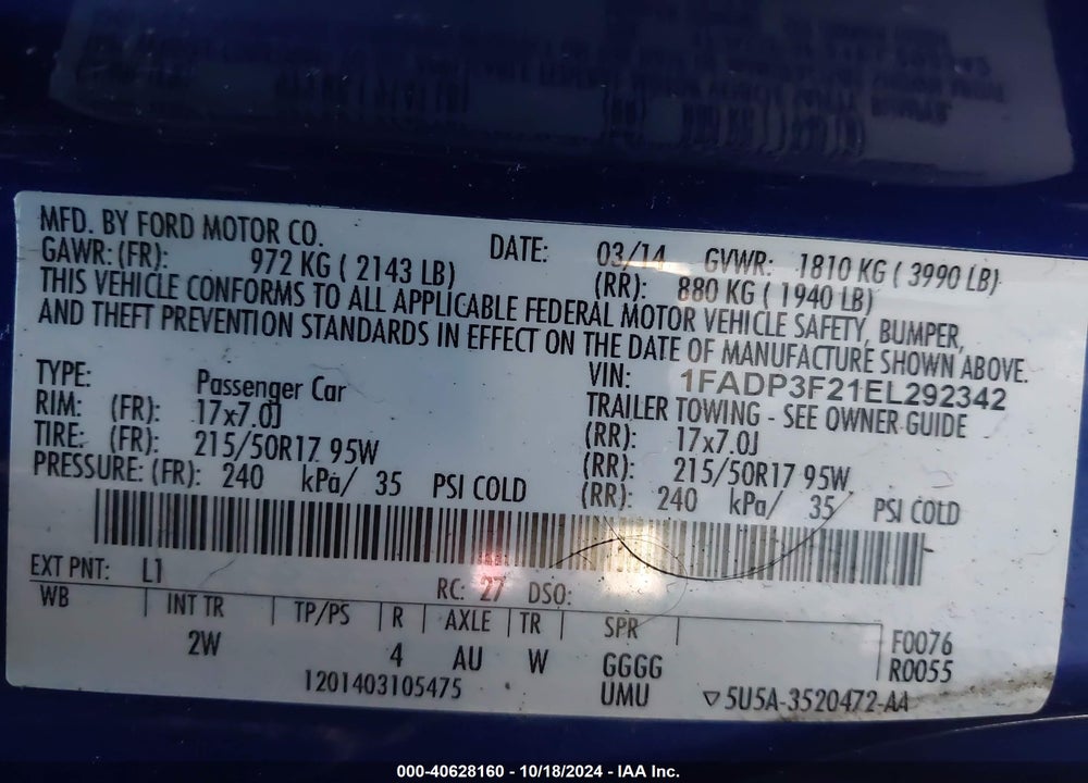 2014 FORD FOCUS SE VIN: 1FADP3F21EL292342