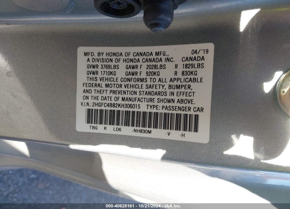 2019 HONDA CIVIC SPORT VIN: 2HGFC4B82KH306015