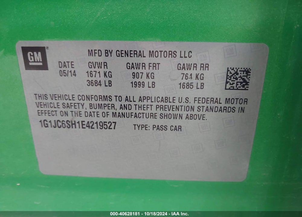 2014 CHEVROLET SONIC LT AUTO VIN: 1G1JC6SH1E4219527