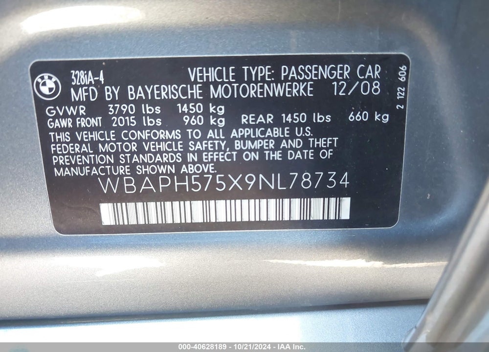 2009 BMW 328I VIN: WBAPH575X9NL78734