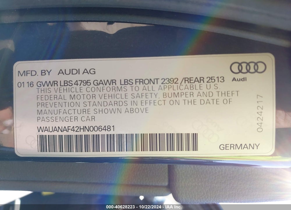 2017 AUDI A4 2.0T PREMIUM VIN: WAUANAF42HN006481