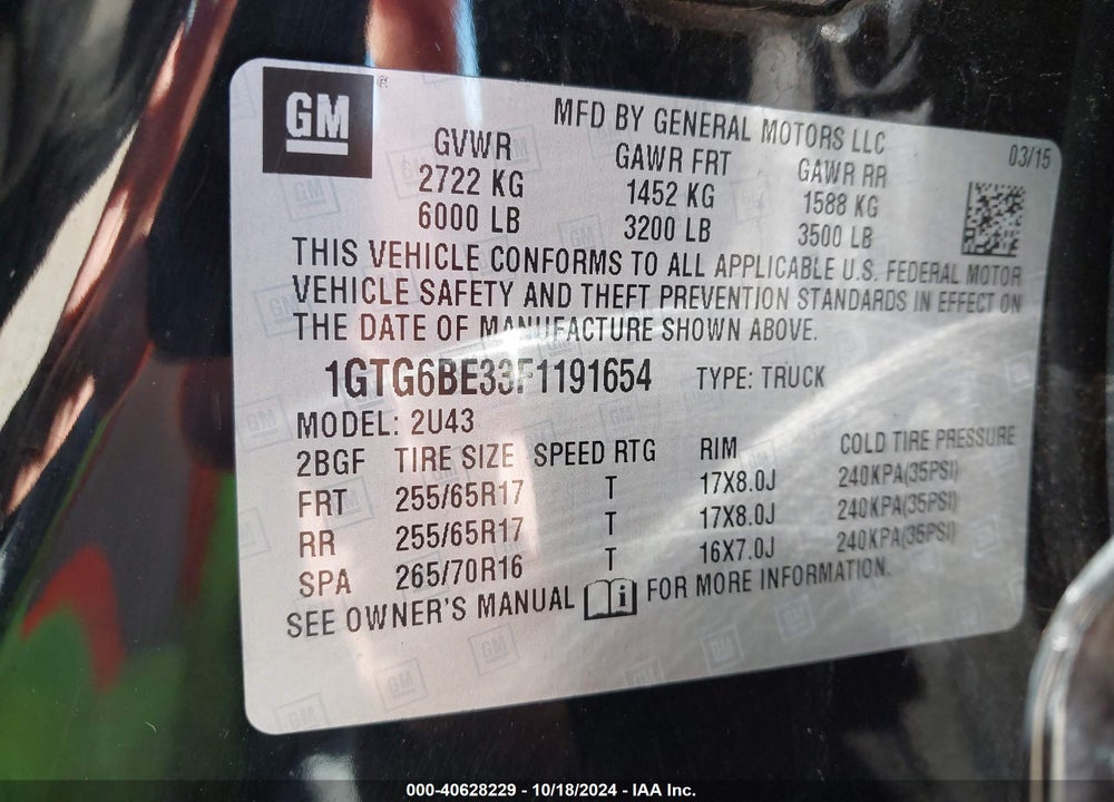 2015 GMC CANYON SLE VIN: 1GTG6BE33F1191654