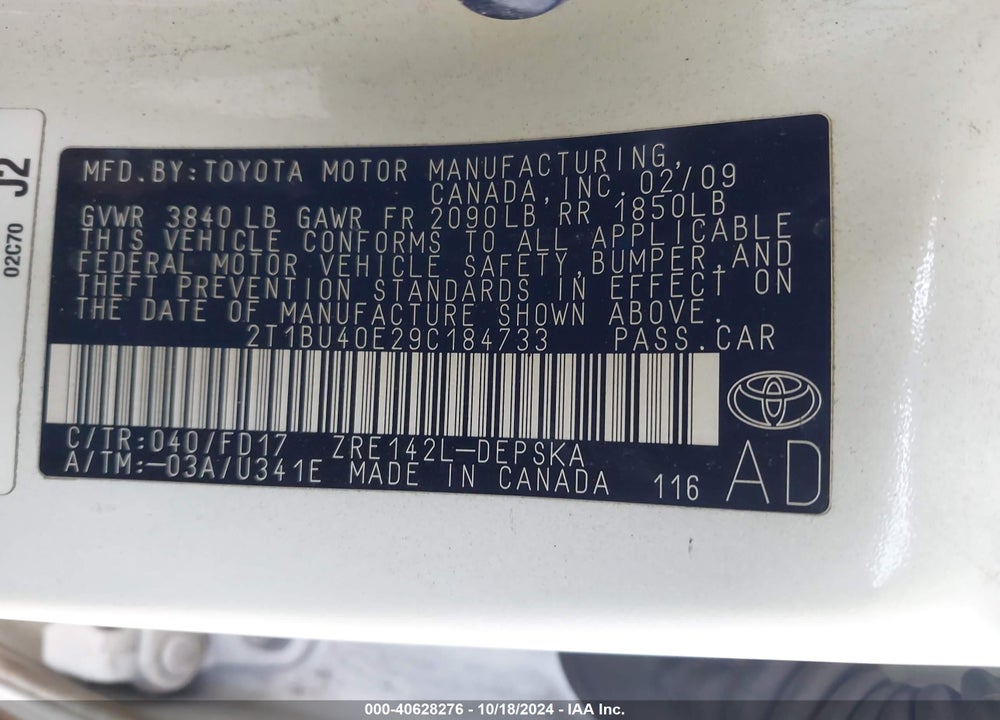2009 TOYOTA COROLLA S VIN: 2T1BU40E29C184733