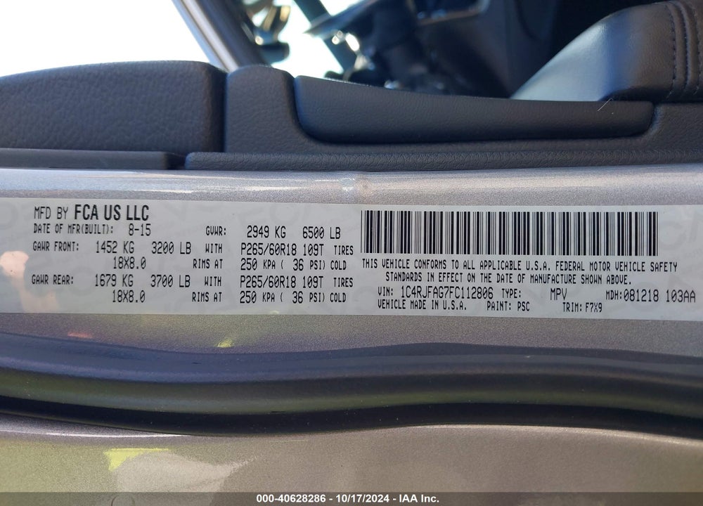 2015 JEEP GRAND CHEROKEE LAREDO VIN: 1C4RJFAG7FC112806