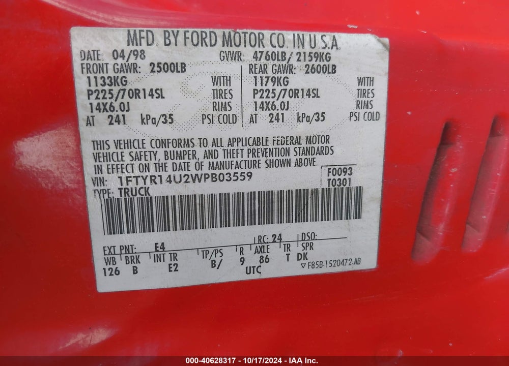 1998 FORD RANGER SUPER CAB VIN: 1FTYR14U2WPB03559