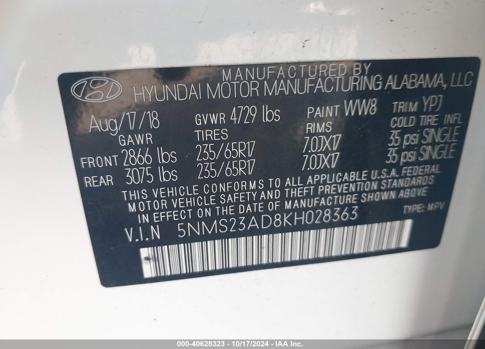 2019 HYUNDAI SANTA FE SE VIN: 5NMS23AD8KH028363