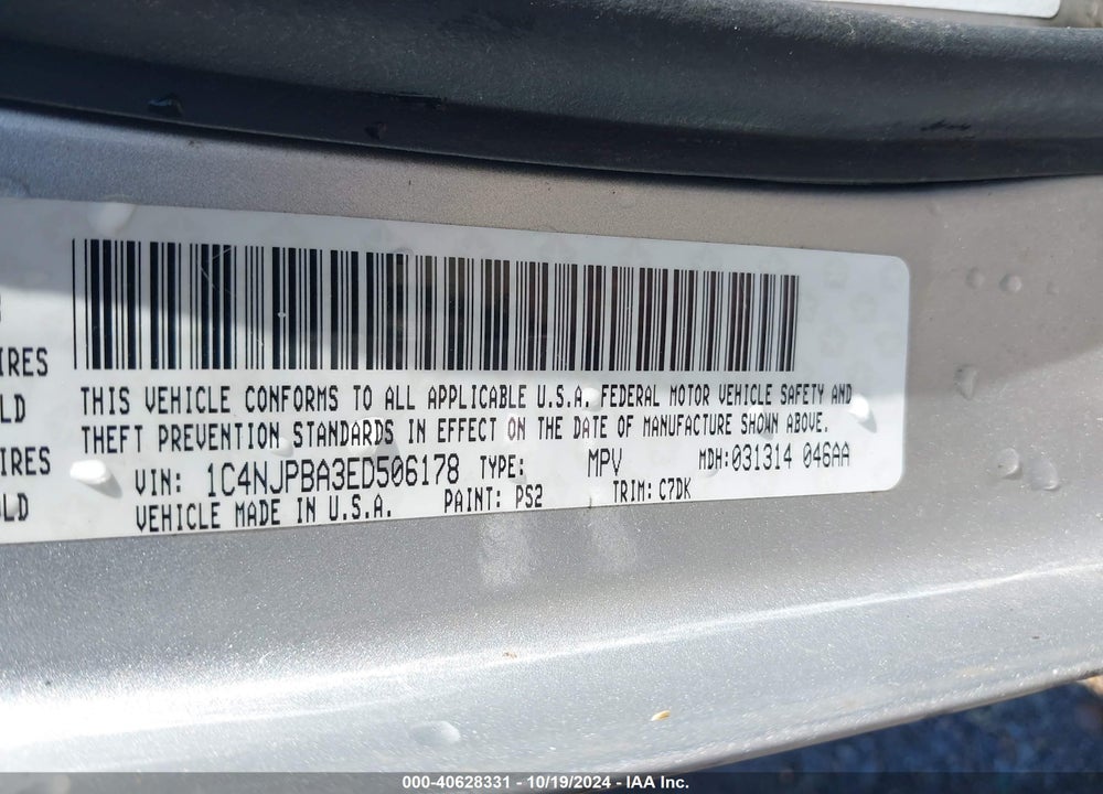 2014 JEEP PATRIOT SPORT VIN: 1C4NJPBA3ED506178