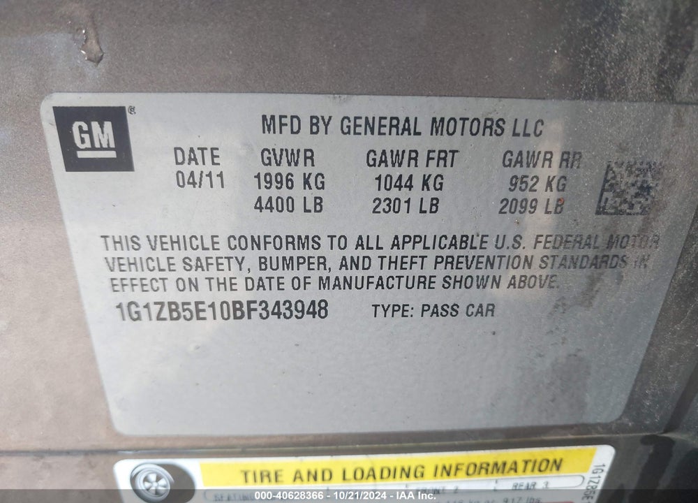 2011 CHEVROLET MALIBU VIN: 1G1ZB5E10BF343948