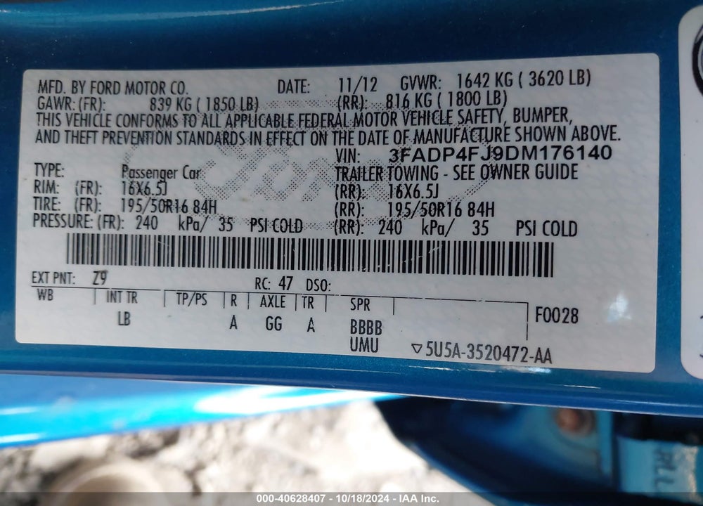 2013 FORD FIESTA TITANIUM VIN: 3FADP4FJ9DM176140