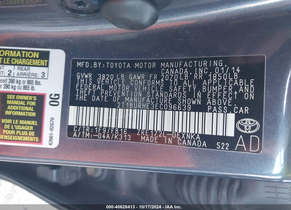 2014 TOYOTA COROLLA LE VIN: 2T1BURHE3EC096639