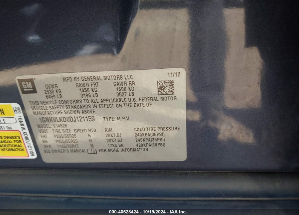 2013 CHEVROLET TRAVERSE LTZ VIN: 1GNKVLKD0DJ121159