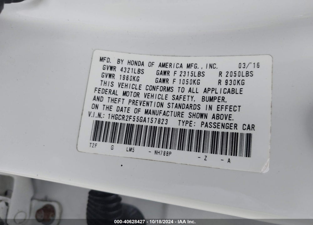 2016 HONDA ACCORD SPORT VIN: 1HGCR2F55GA157823