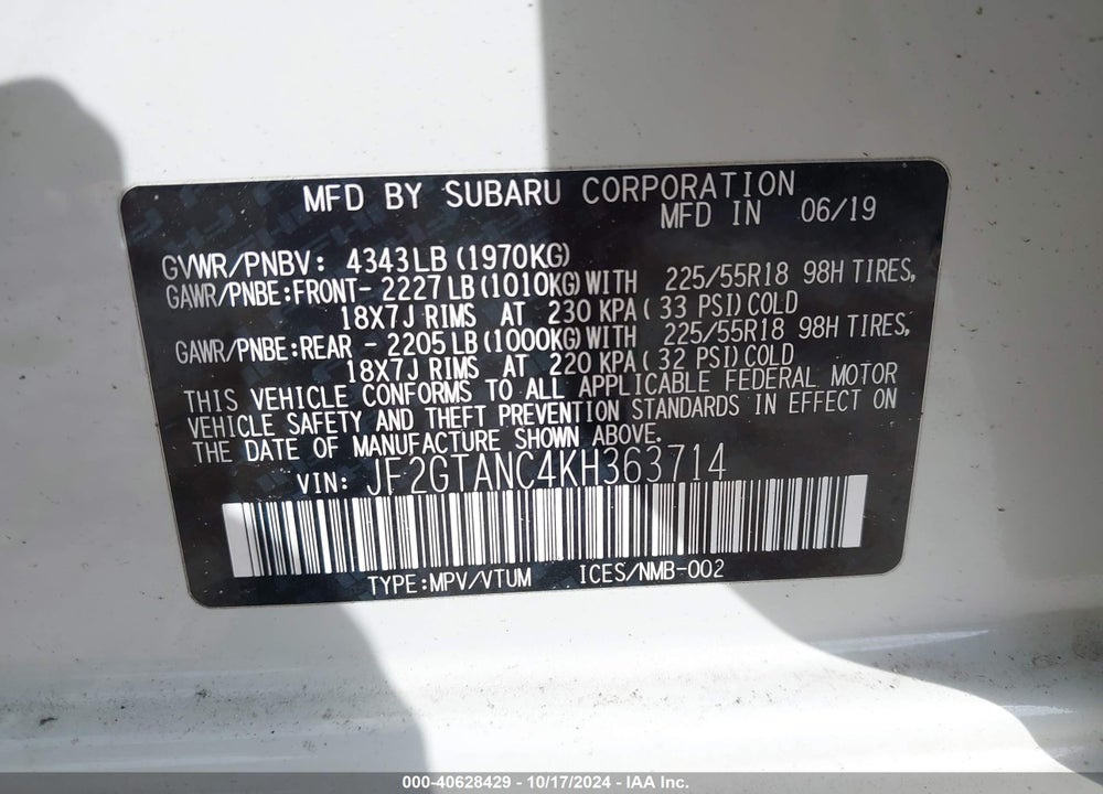 2019 SUBARU CROSSTREK 2.0I LIMITED VIN: JF2GTANC4KH363714