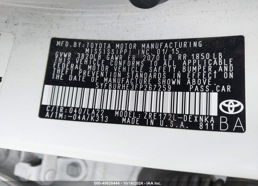 2015 TOYOTA COROLLA LE PREMIUM VIN: 5YFBURHE3FP267259