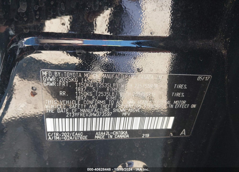 2017 TOYOTA RAV4 LIMITED/PLATINUM VIN: 2T3YFREV3HW373597