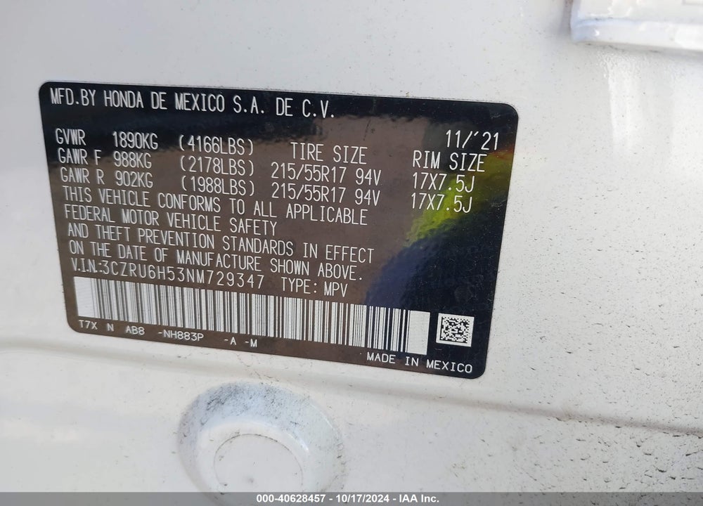 2022 HONDA HR-V AWD EX VIN: 3CZRU6H53NM729347