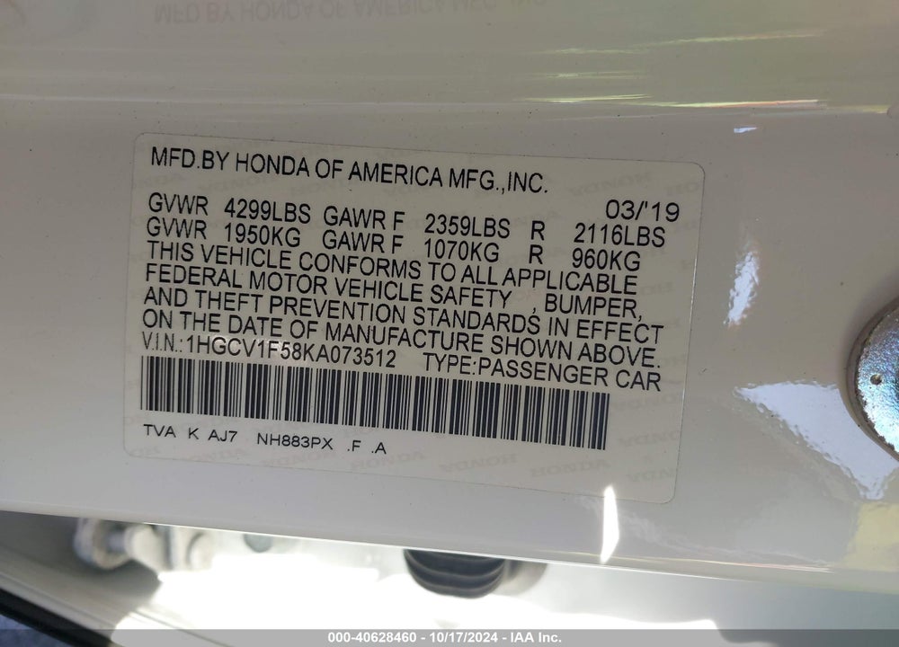 2019 HONDA ACCORD EX-L VIN: 1HGCV1F58KA073512