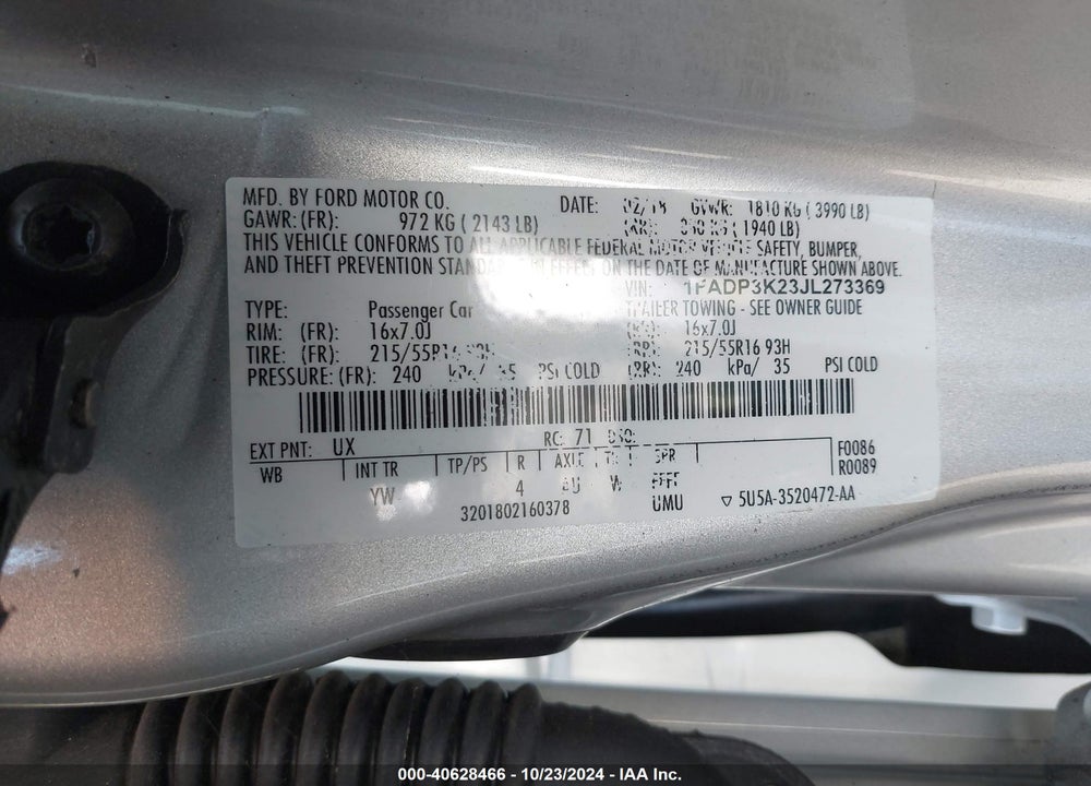 2018 FORD FOCUS SE VIN: 1FADP3K23JL273369