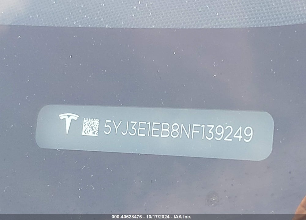 2022 TESLA MODEL 3 LONG RANGE DUAL MOTOR ALL-WHEEL DRIVE VIN: 5YJ3E1EB8NF139249
