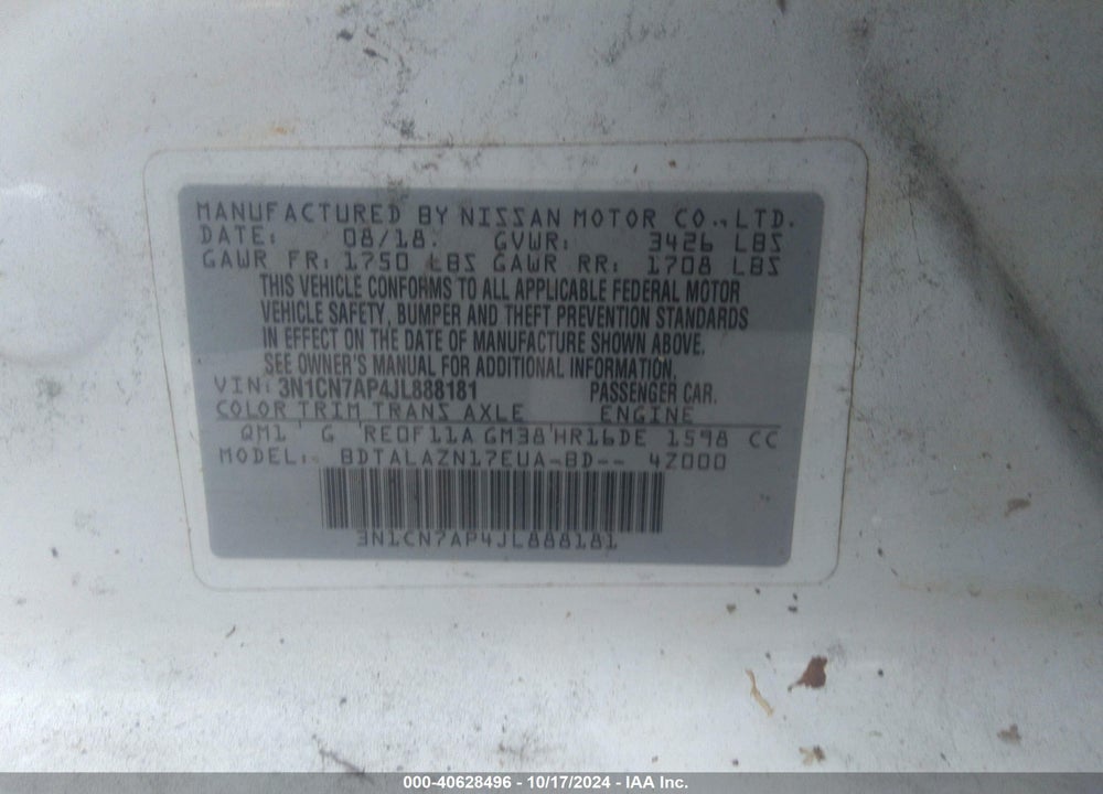 2018 NISSAN VERSA 1.6 S+ VIN: 3N1CN7AP4JL888181